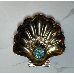 Vintage 1940s Gold Tone Scallop Shell Figural Brooch Aqua Teal Clear Rhinestone